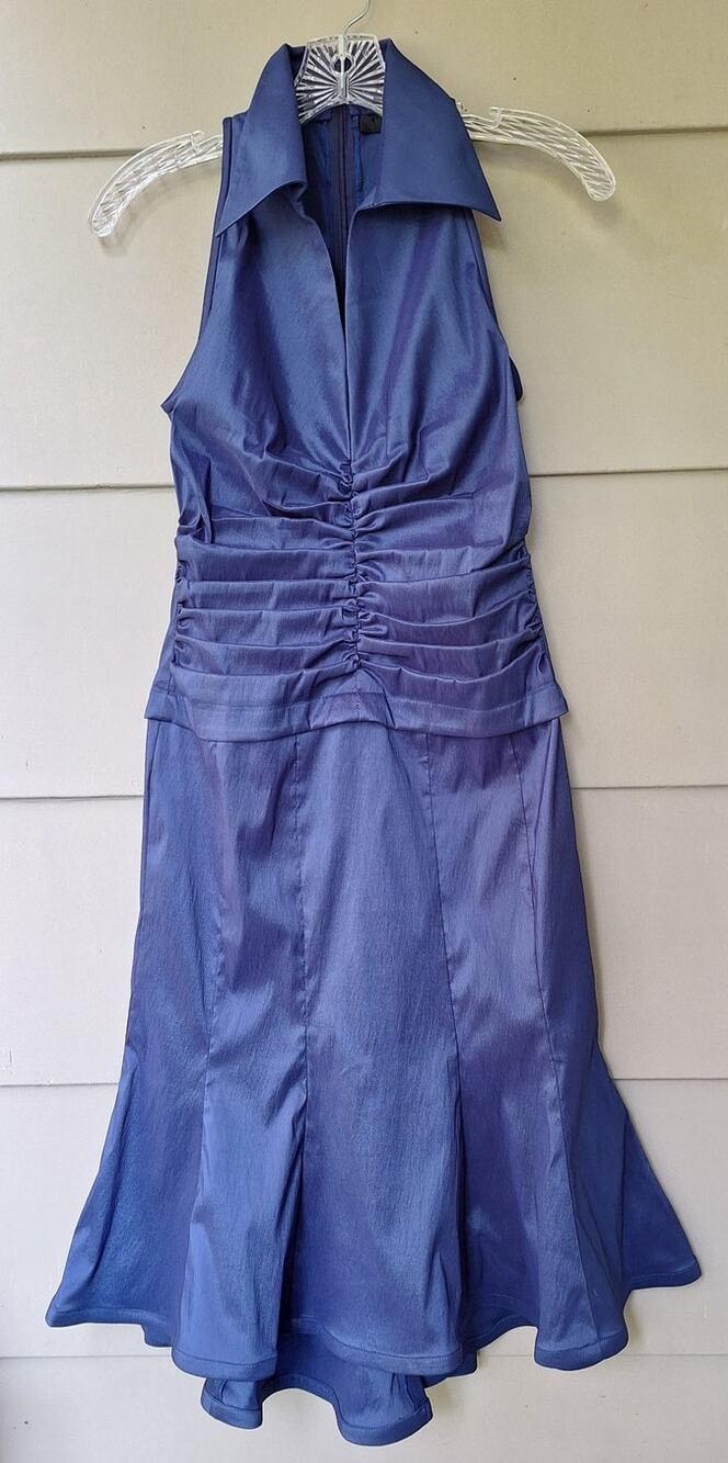 Vintage 90s Tadashi Collection Blue Halter Ruched Waist Party Cocktail Dress 4 S